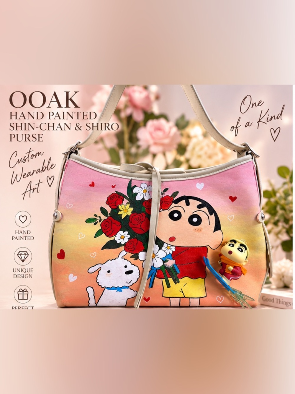 OOAK Hand Painted Shin-Chan & Shiro Purse | Custom Wearable Art Bag